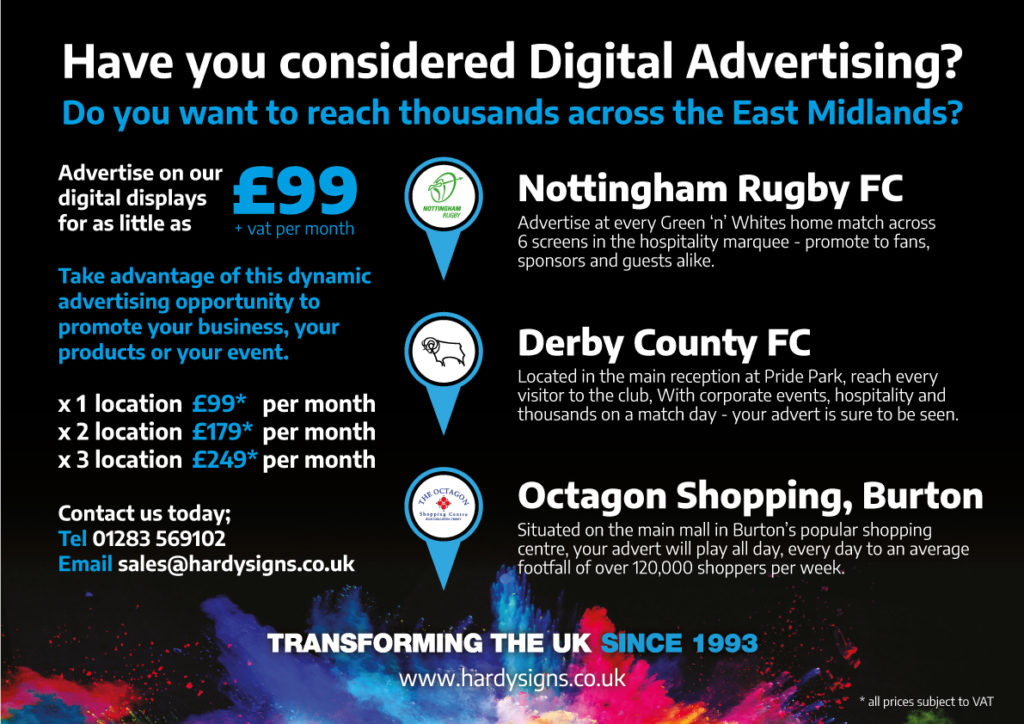 Digital Advertising | Derby County FC - Nottingham R.F.C - Octagon Shopping Centre | Hardy Signs Ltd