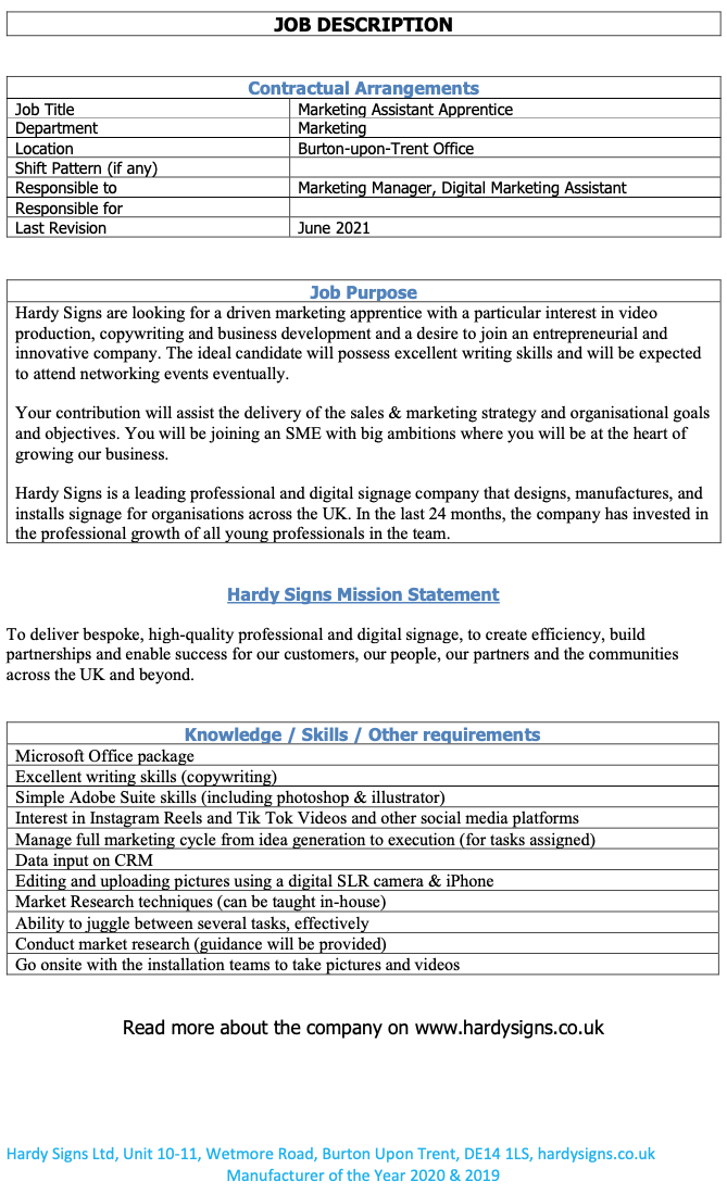 Marketing Assistant Apprentice Job Description - Vacancies - Hardy Signs Ltd