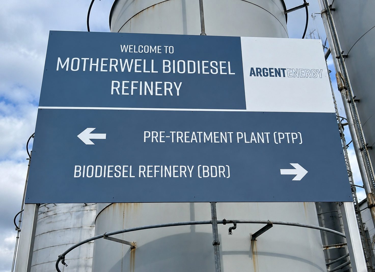 Sign at the Motherwell Biodiesel Refinery directing to Pre-Treatment Plant (left) and Biodiesel Refinery (right), with Argent Energy branding.