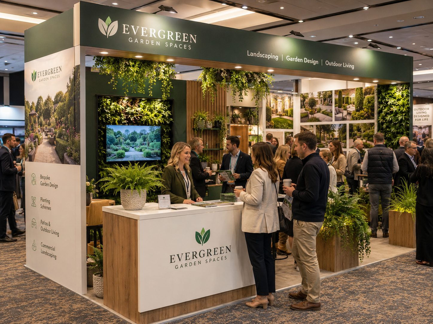 A trade show booth for Pavestone displays a cozy outdoor patio setup. It