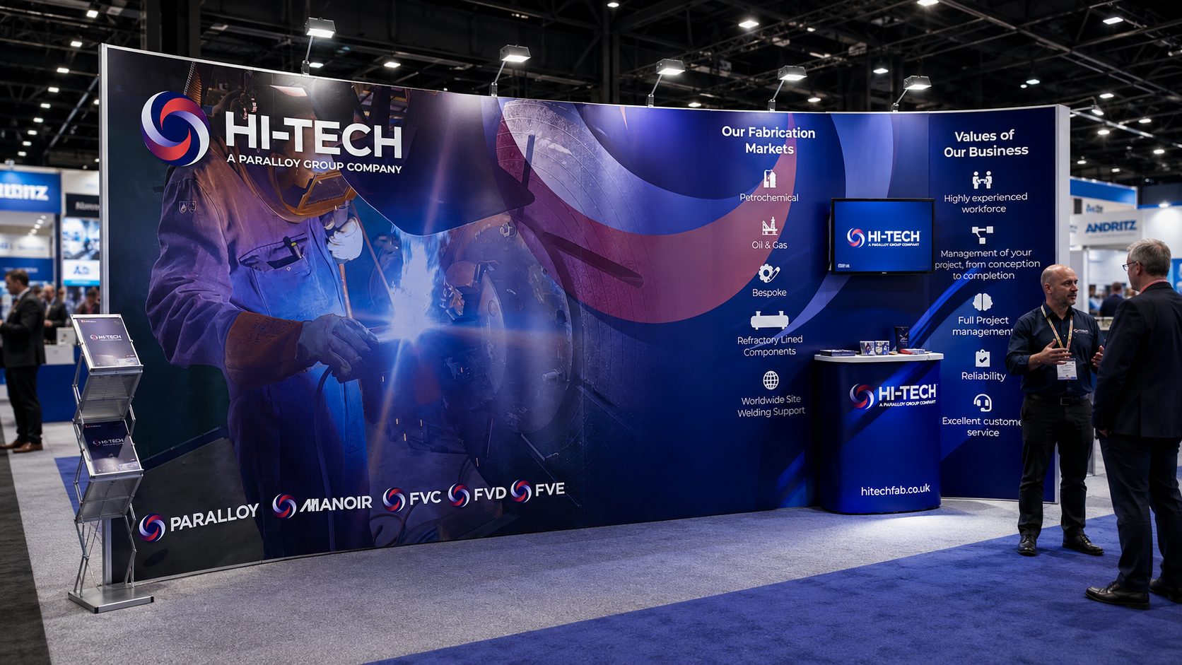 A busy recruitment booth at an industrial trade show, featuring a cylindrical