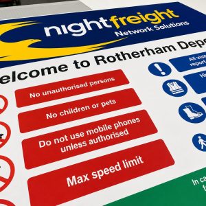Welcome to Rotherham Depot sign for Nightfreight; red list shows rules like no unauthorised persons, no children or pets, no phones, max speed limit.