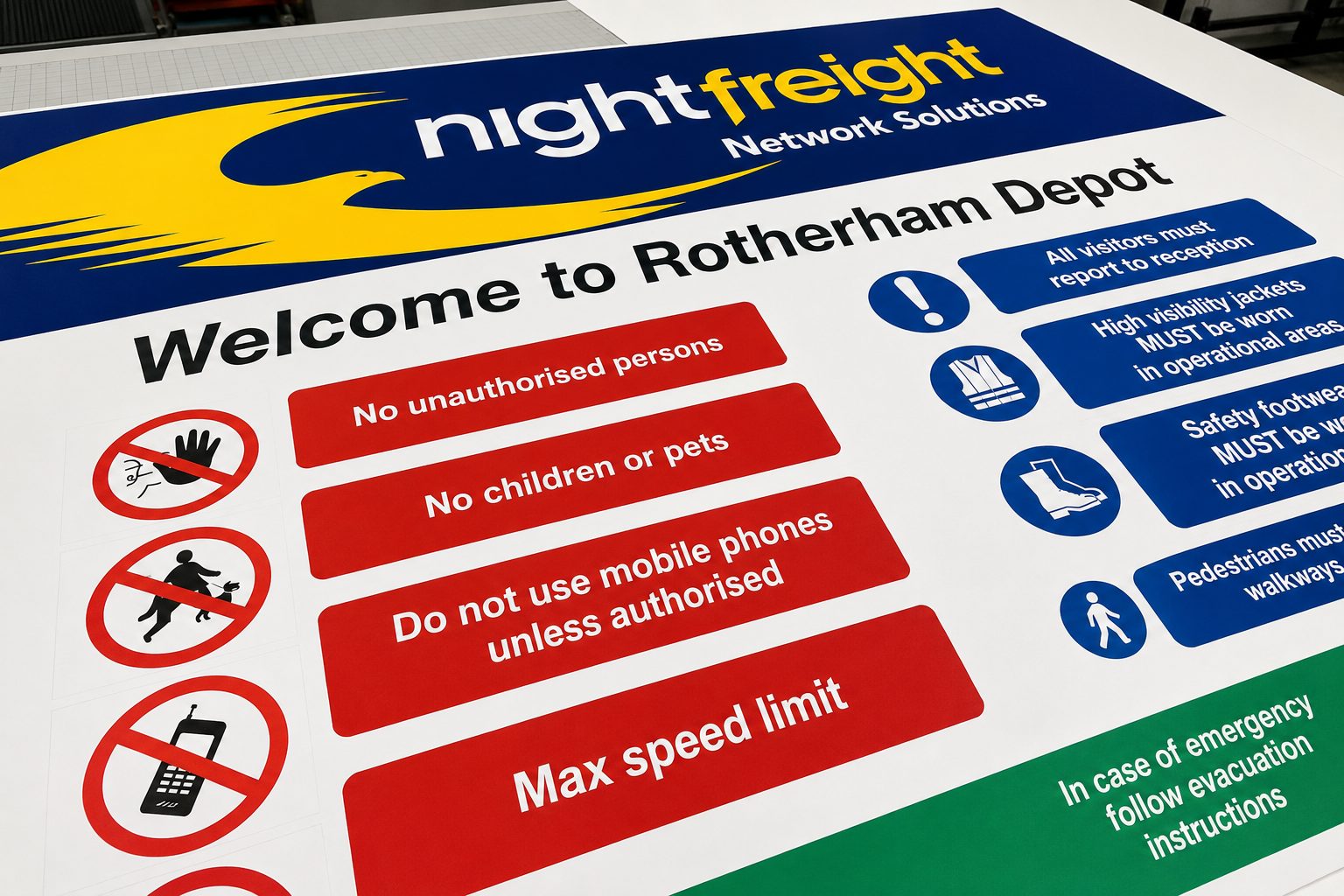 Welcome to Rotherham Depot sign for Nightfreight; red list shows rules like no unauthorised persons, no children or pets, no phones, max speed limit.