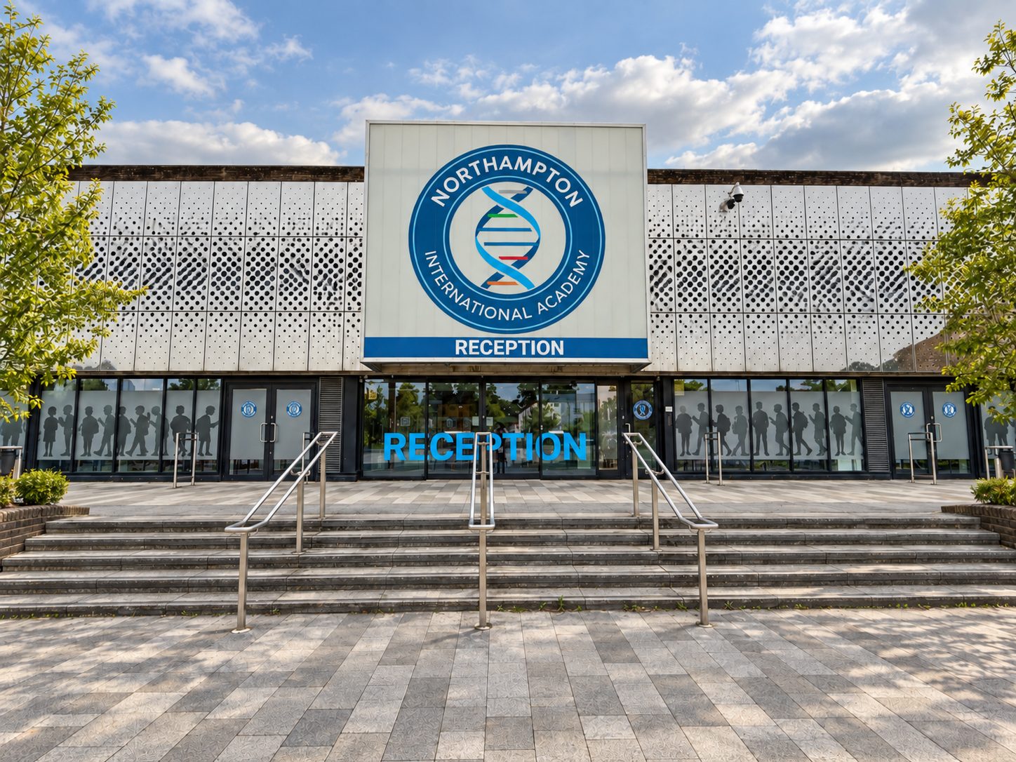 Front facade of Northampton International Academy reception with a large circular logo, blue 'RECEPTION' sign, and glass doors.