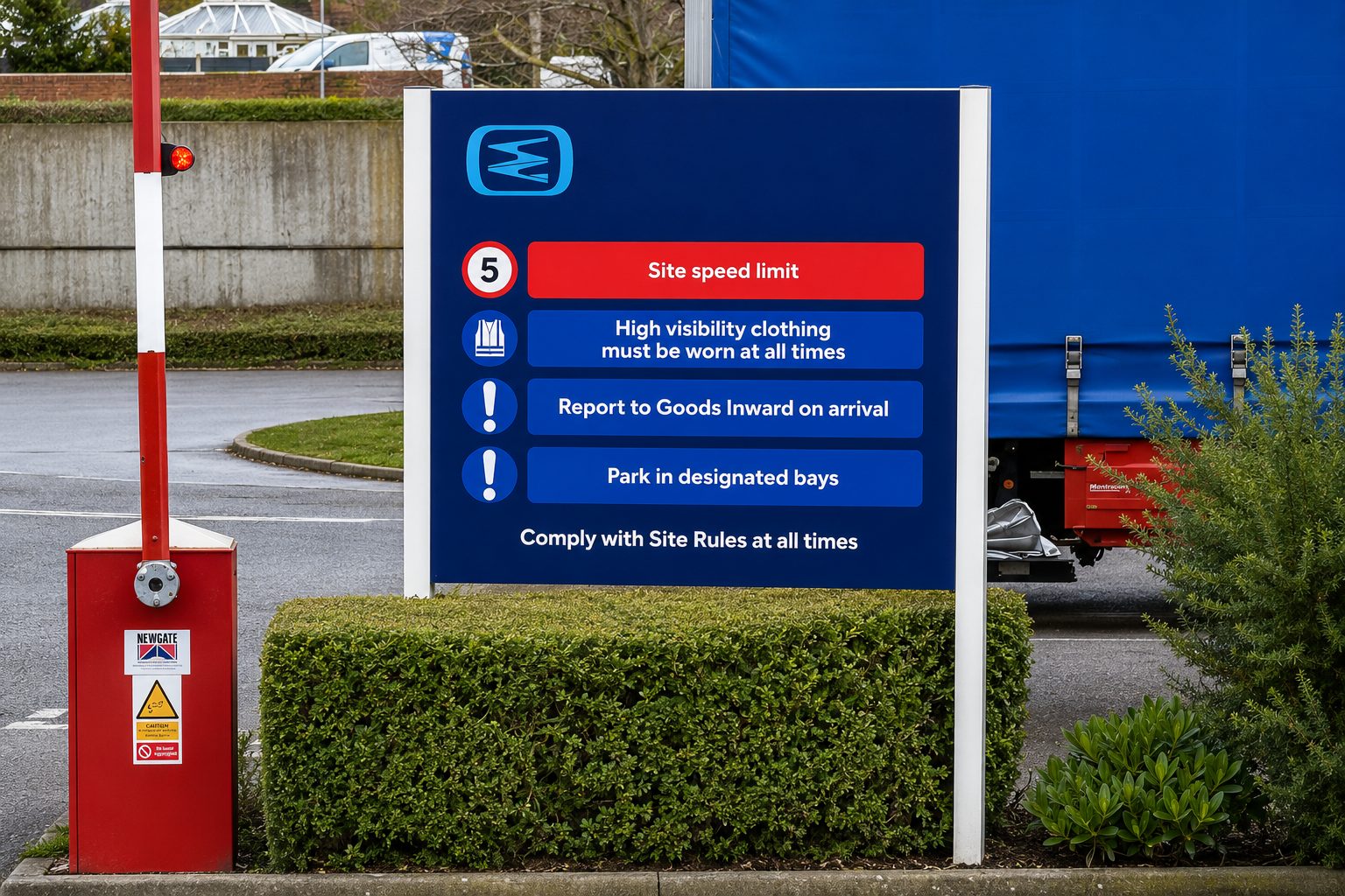 Site safety sign with red and blue rules, hedge in foreground, red barrier post on left and truck in background