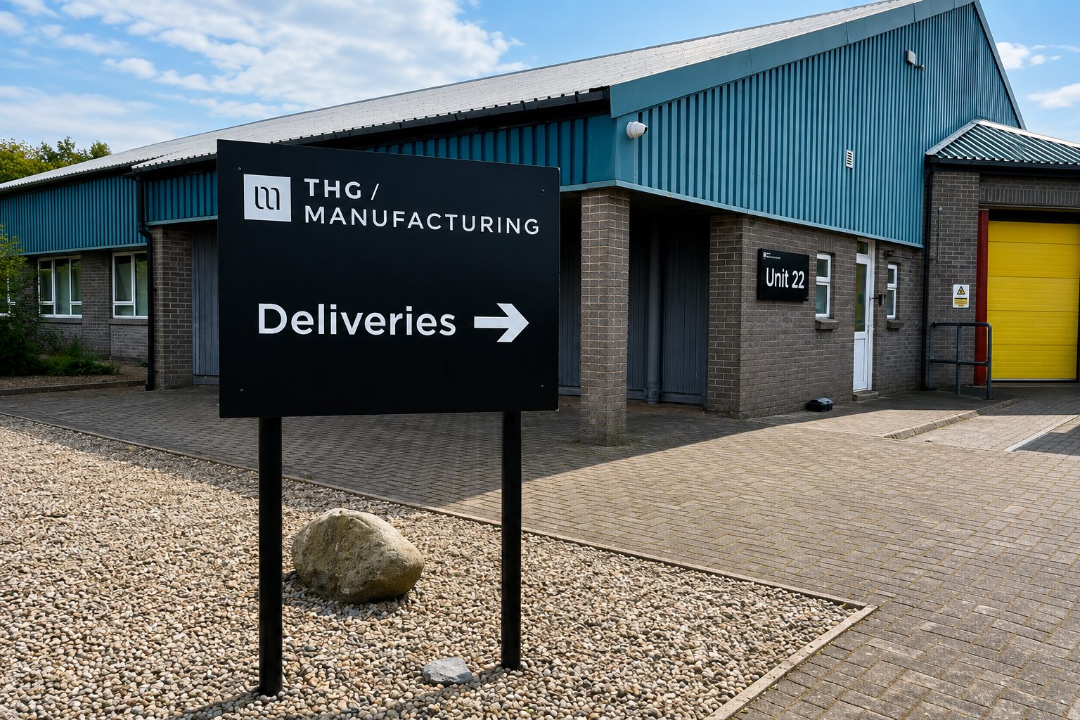 Exterior of THG Manufacturing building with a large black 'Deliveries' sign and arrow, Unit 22, blue metal roof and brick walls.