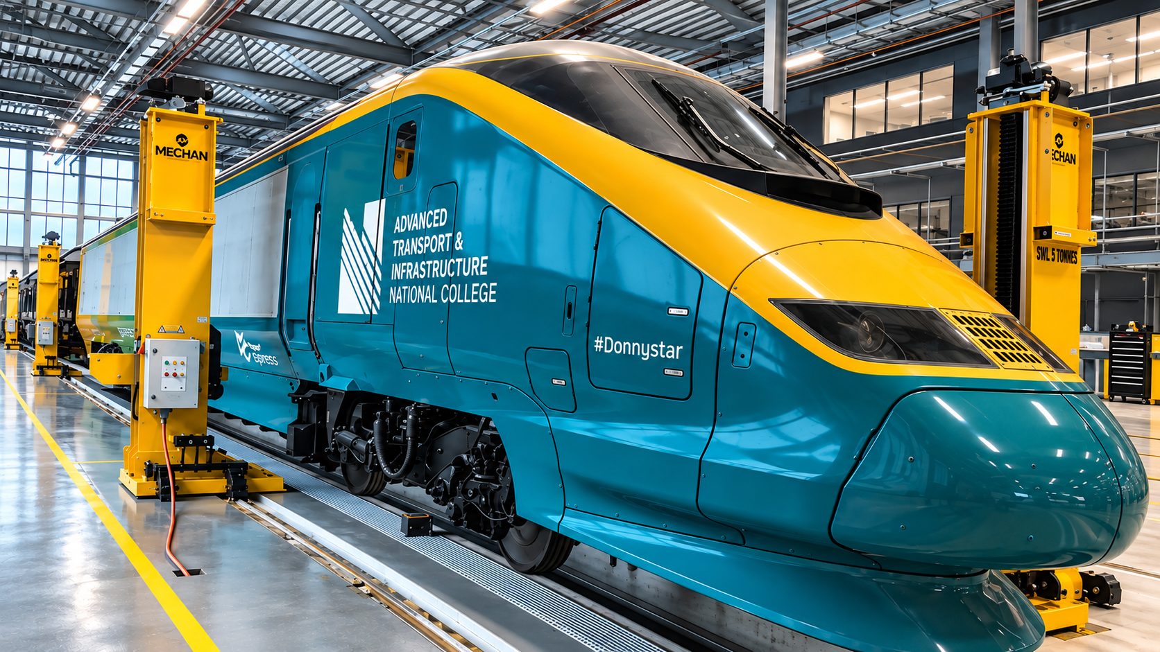 Maintenance shop with a blue-and-yellow high-speed train on tracks, surrounded by yellow lifting jacks labeled MECHAN and equipment.