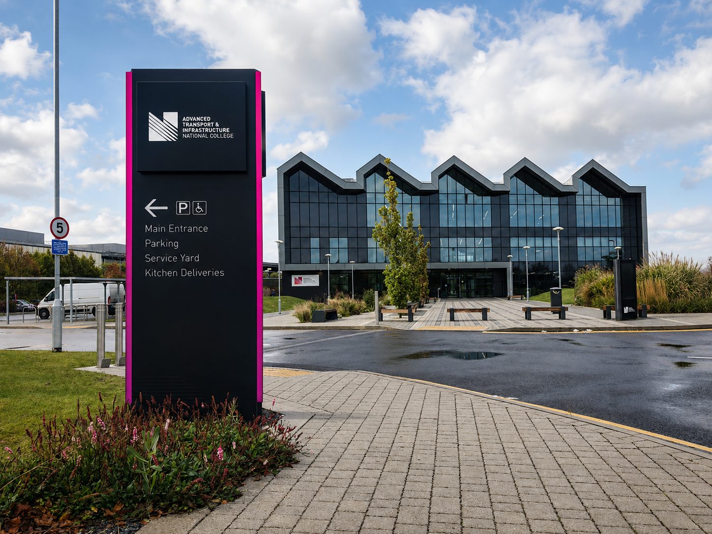 Tall black directional sign with magenta edges for Advanced Transport & Infrastructure National College; lists Main Entrance, Parking, Service Yard, Kitchen Deliveries, with a modern glass-front campus building in the background.