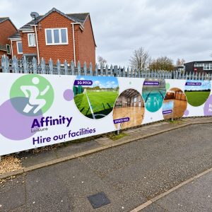 Advertising banner for Affinity Leisure promoting facility hire (3G pitch, pool, sports hall, gym, football pitch).