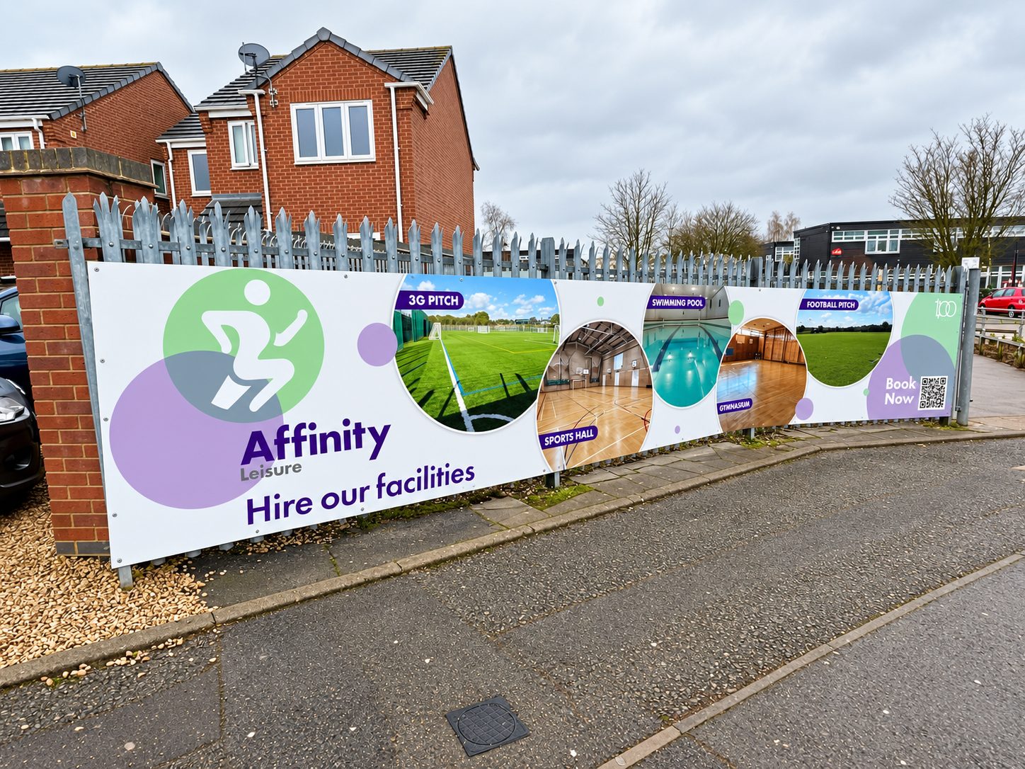 Advertising banner for Affinity Leisure promoting facility hire (3G pitch, pool, sports hall, gym, football pitch).
