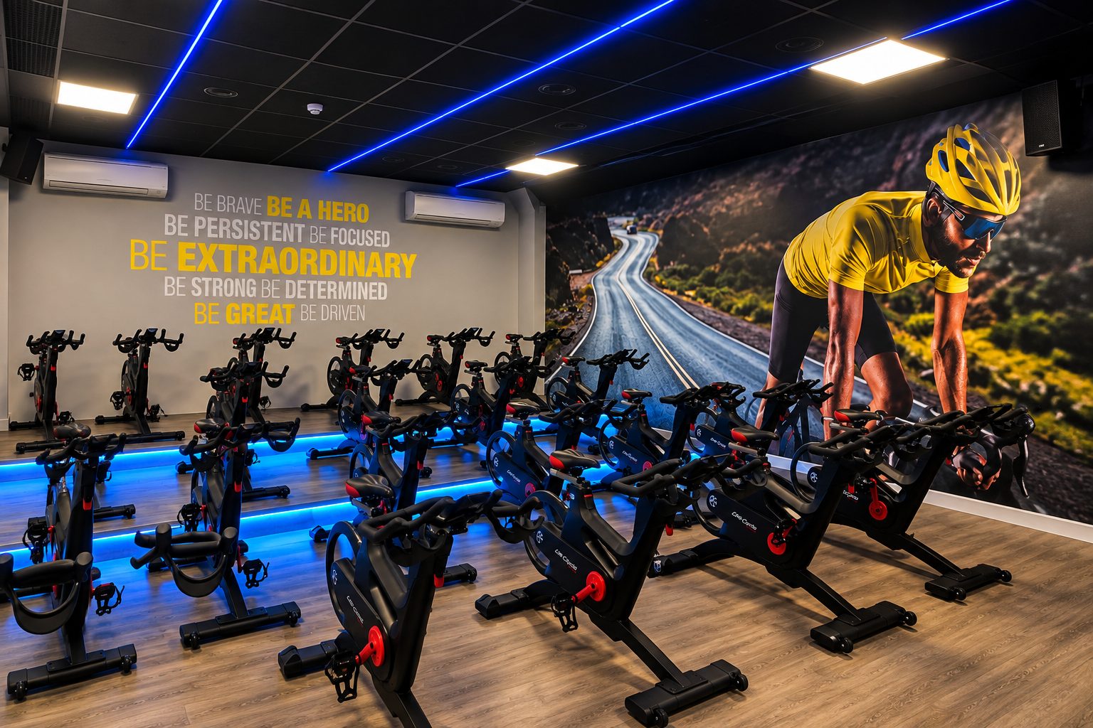 Indoor cycling studio with rows of stationary bikes, blue LED ceiling lines, and motivational wall art showing urged phrases like 'BE EXTRAORDINARY' alongside a large cyclist mural on the right wall.