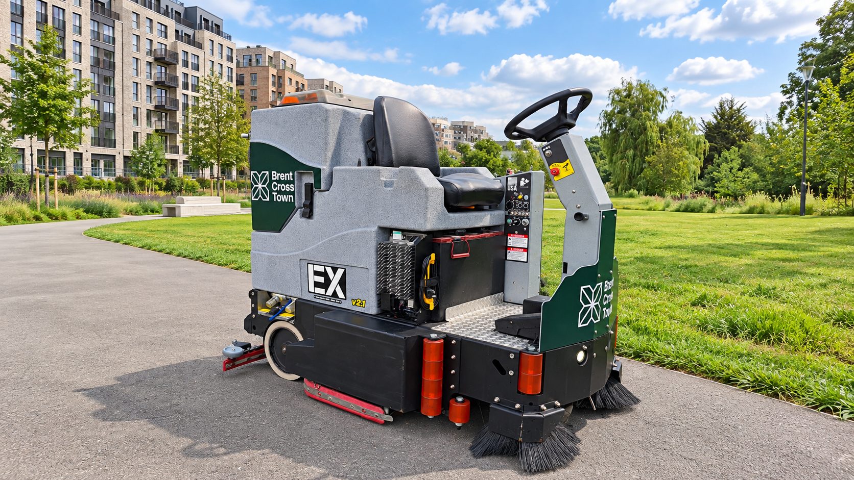 Ride-on street sweeper parked on a paved park path with modern brick apartment buildings in the background.