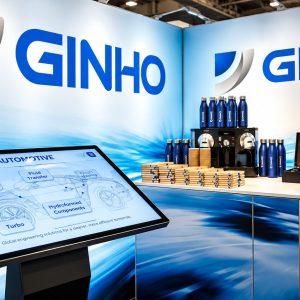 Exhibition booth with large GINHO logo, blue background, and a touchscreen display showing automotive diagrams and labels like Exhaust & EGR and Turbo.
