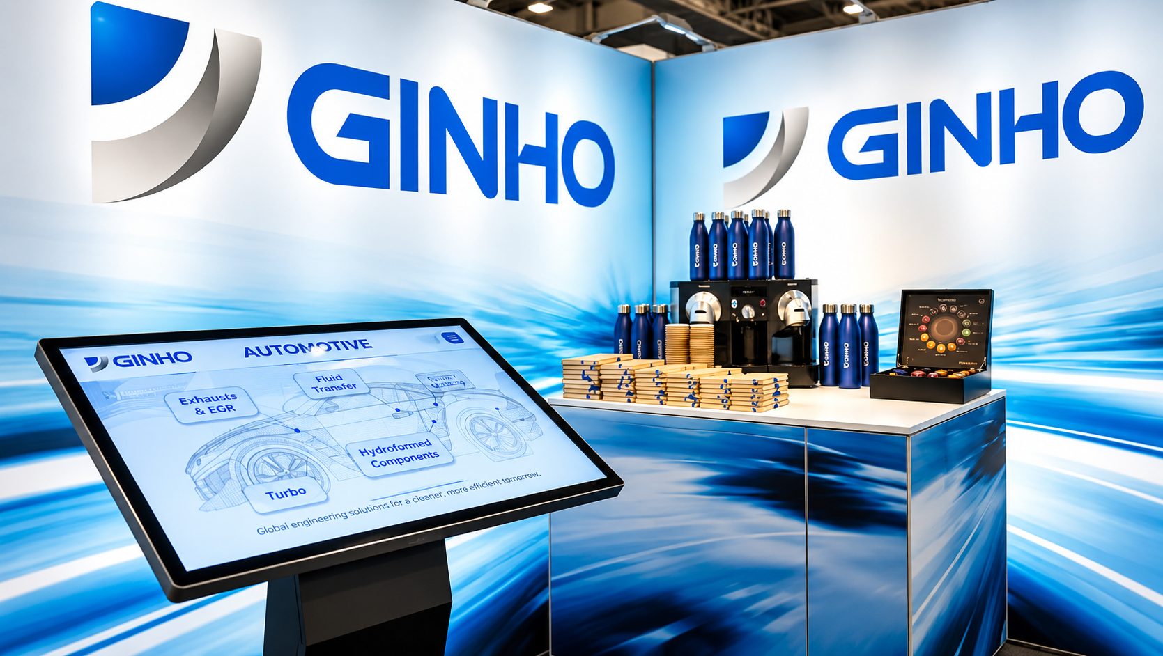 Exhibition booth with large GINHO logo, blue background, and a touchscreen display showing automotive diagrams and labels like Exhaust & EGR and Turbo.