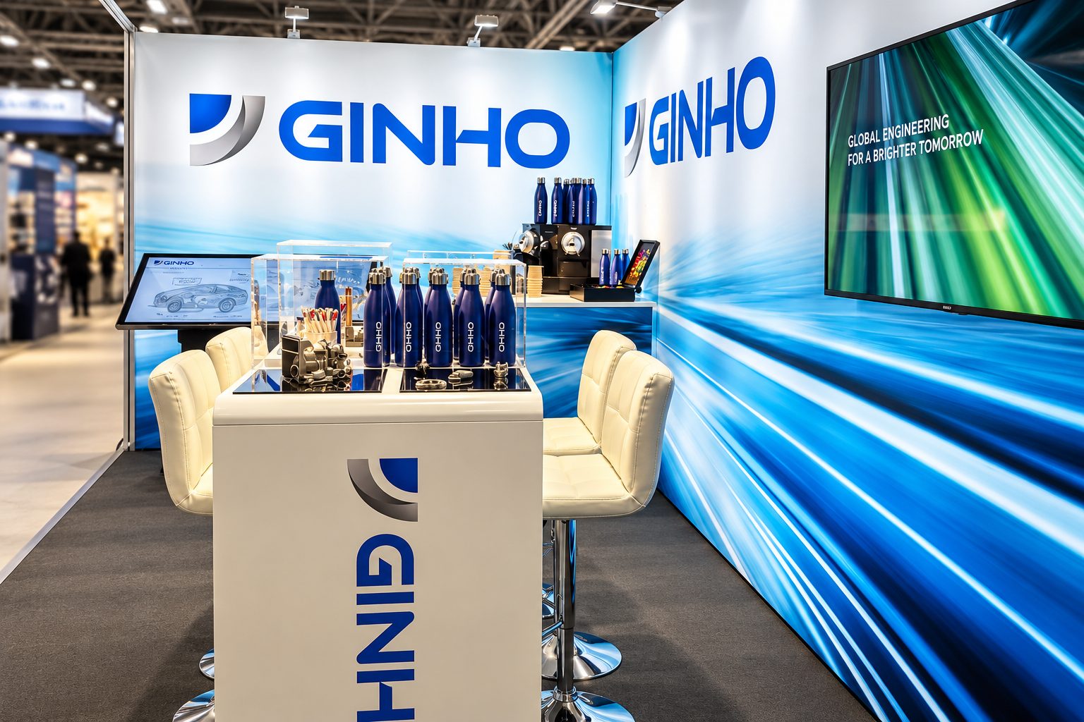 Trade-show booth for GINHO with a white counter, blue bottled products, seating, and a large blue GINHO logo on the backdrop.