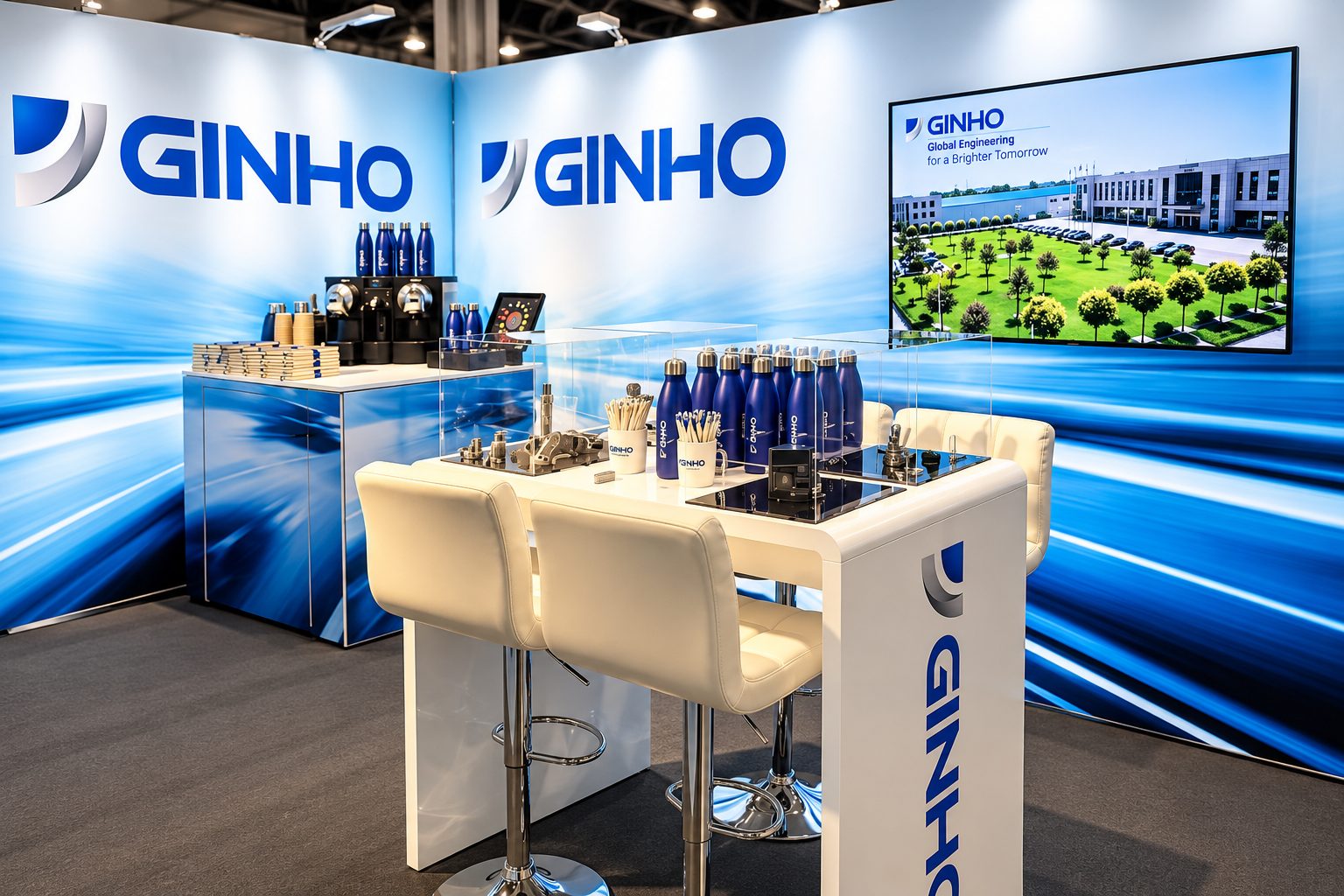 Ginho trade show booth with blue gradient walls, large GINHO logos, and white high table with chairs displaying bottles and sample items.