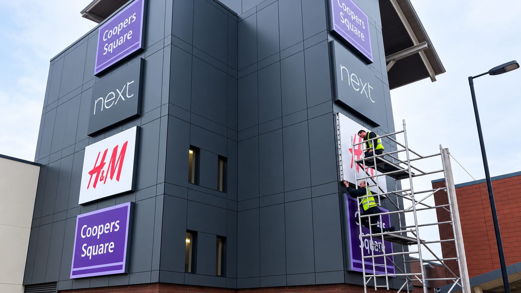 Facade of a modern shopping center with Coopers Square, Next, and H&M signs on a gray panel building; two workers on a scaffold at the right.