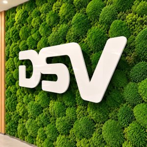 White glossy three-dimensional letters 'BSV' mounted on a green moss wall with wooden slat paneling on the left in a modern interior.