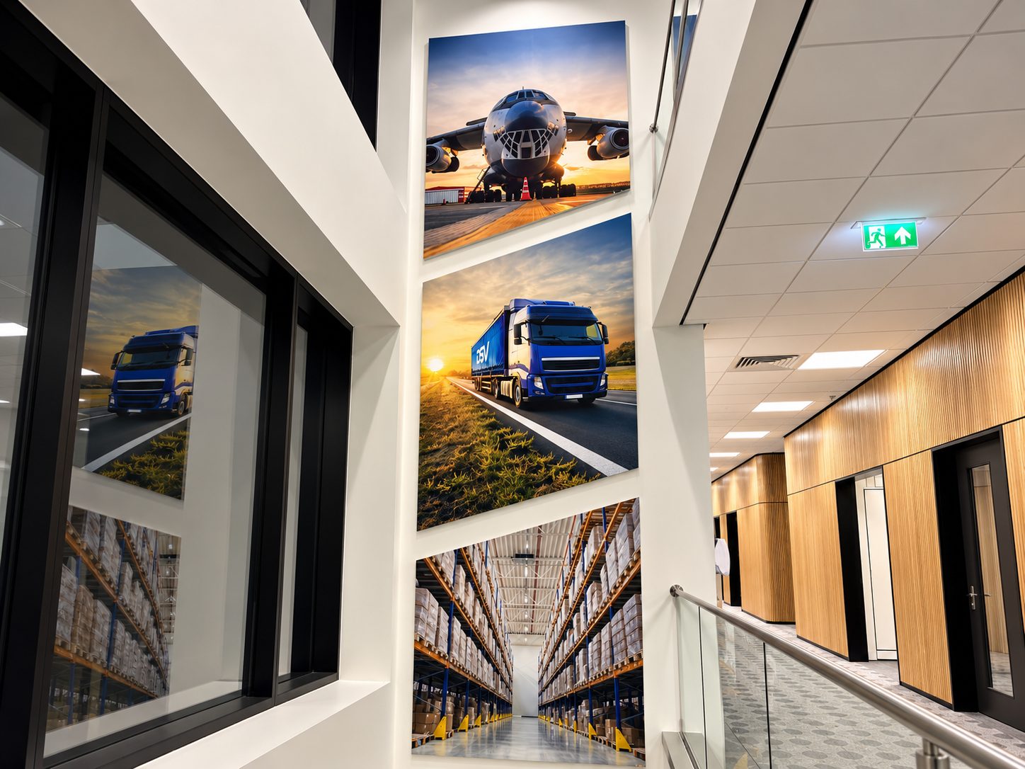 Modern office hallway with three large truck-themed posters on a white pillar, showing a jet engine truck at sunset and a blue trailer on a highway.