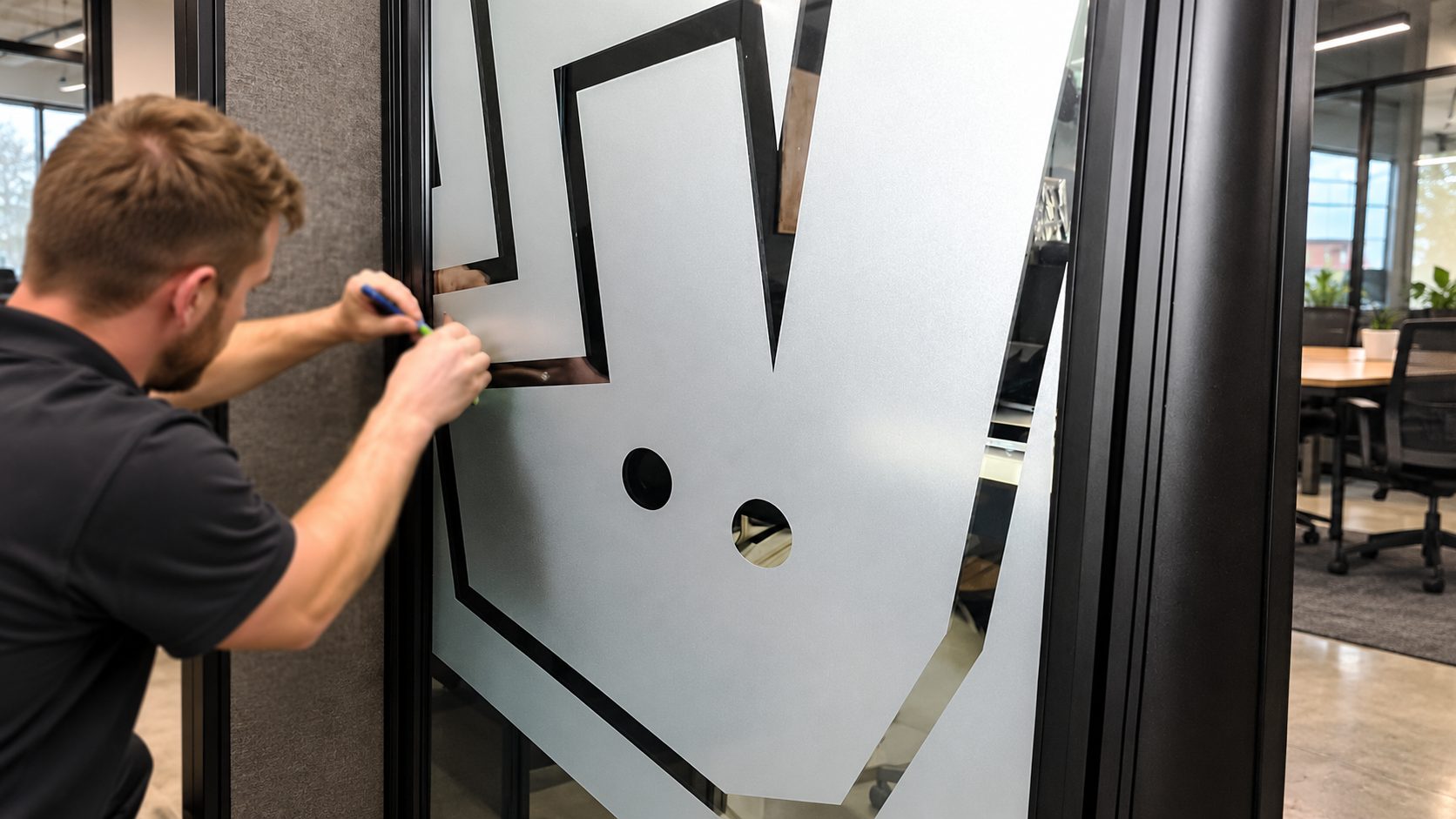 Person applying or adjusting a frosted decorative film/logo on a glass door inside an office.