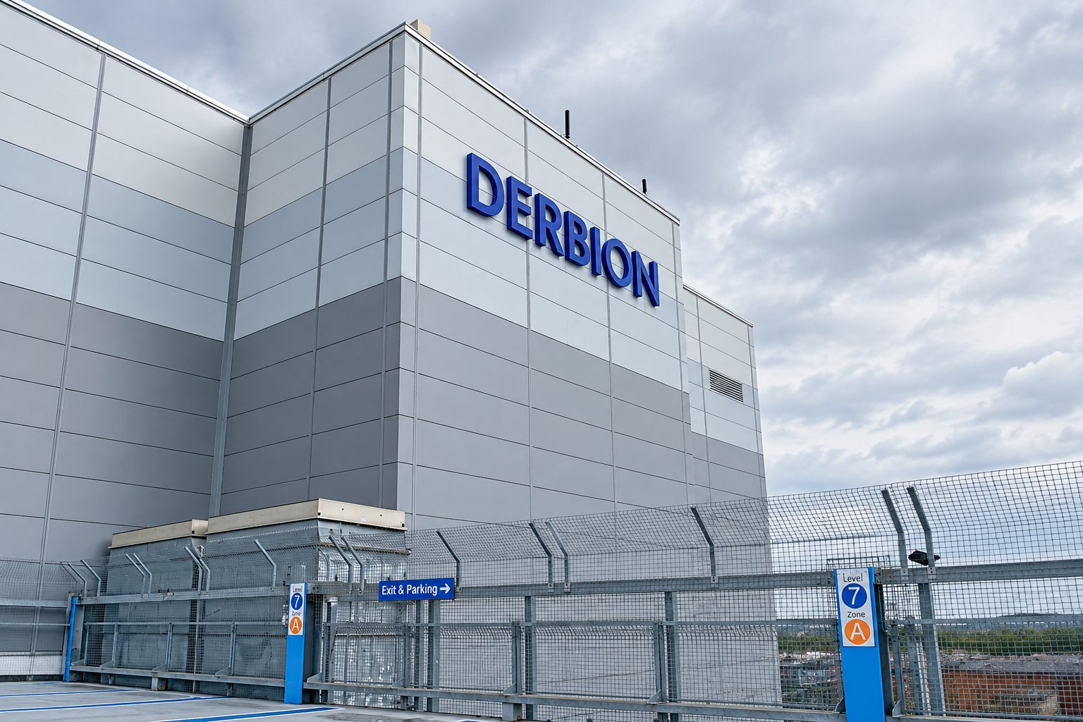 A modern gray industrial building with a large blue sign on the facade and a fenced parking area in the foreground under a cloudy sky.