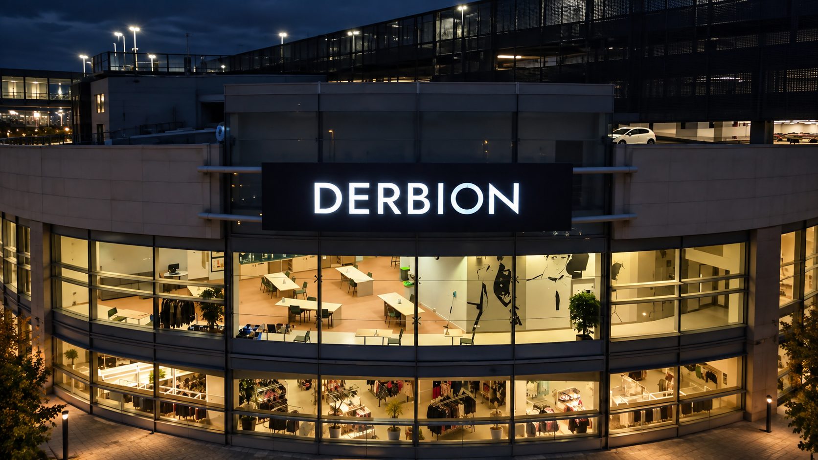 Night exterior of a curved glass shopping center with a bright DERBION sign; interior desks, tables, and clothing racks visible through the windows.