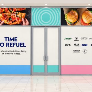 Storefront with a large 'TIME TO REFUEL' sign and food images above, plus restaurant logos on the right panel.