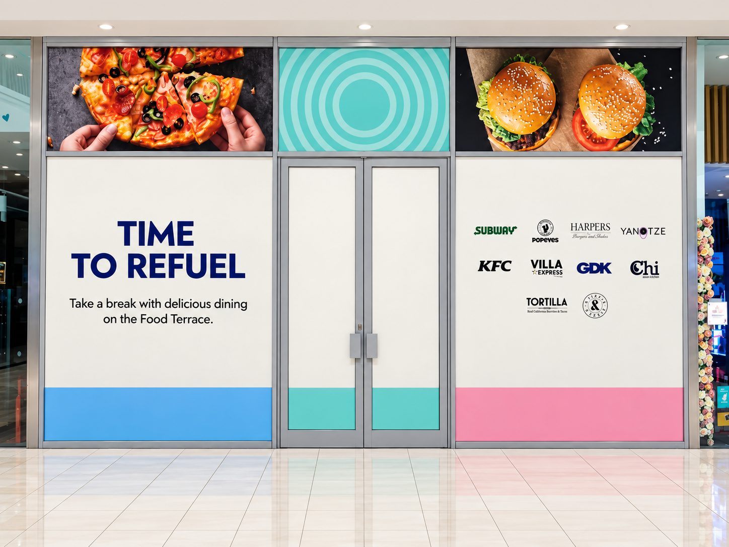Storefront with a large 'TIME TO REFUEL' sign and food images above, plus restaurant logos on the right panel.