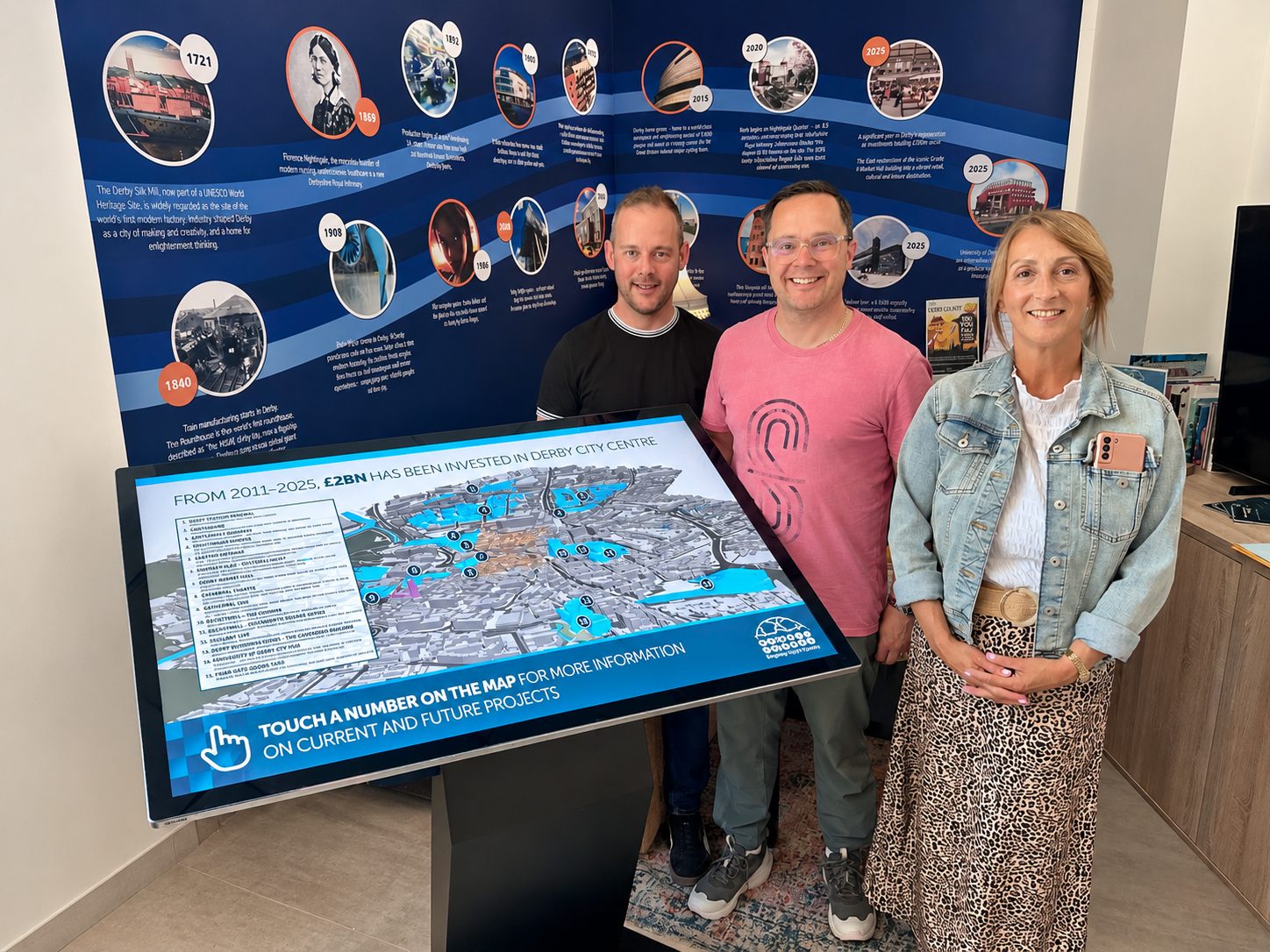 Three people smile beside a large interactive city map touchscreen in a blue timeline exhibit.