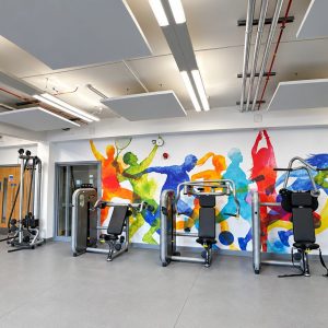 Bright gym interior with a colorful mural of silhouettes along the wall, and various weight machines and cardio equipment lined up front.