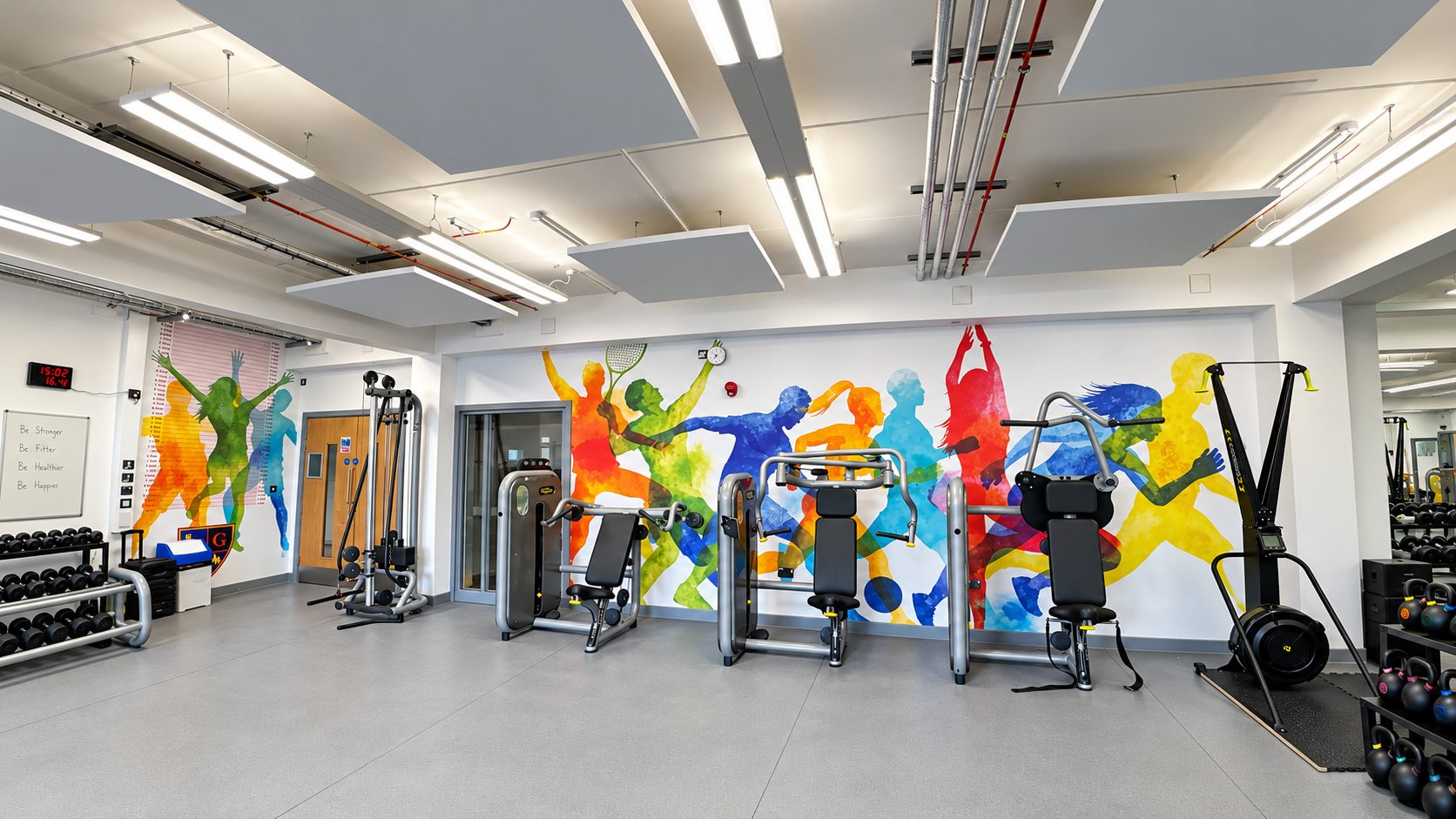 Bright gym interior with a colorful mural of silhouettes along the wall, and various weight machines and cardio equipment lined up front.