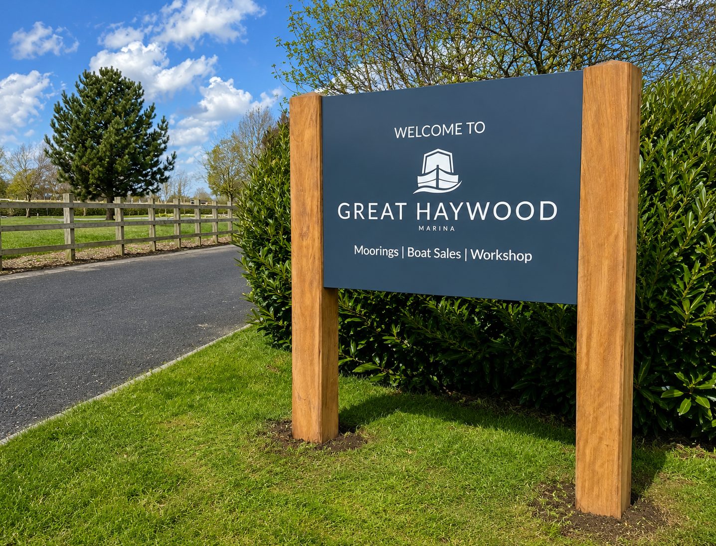 Welcome sign for Great Haywood Marina with options: Moorings, Boat Sales, Workshop