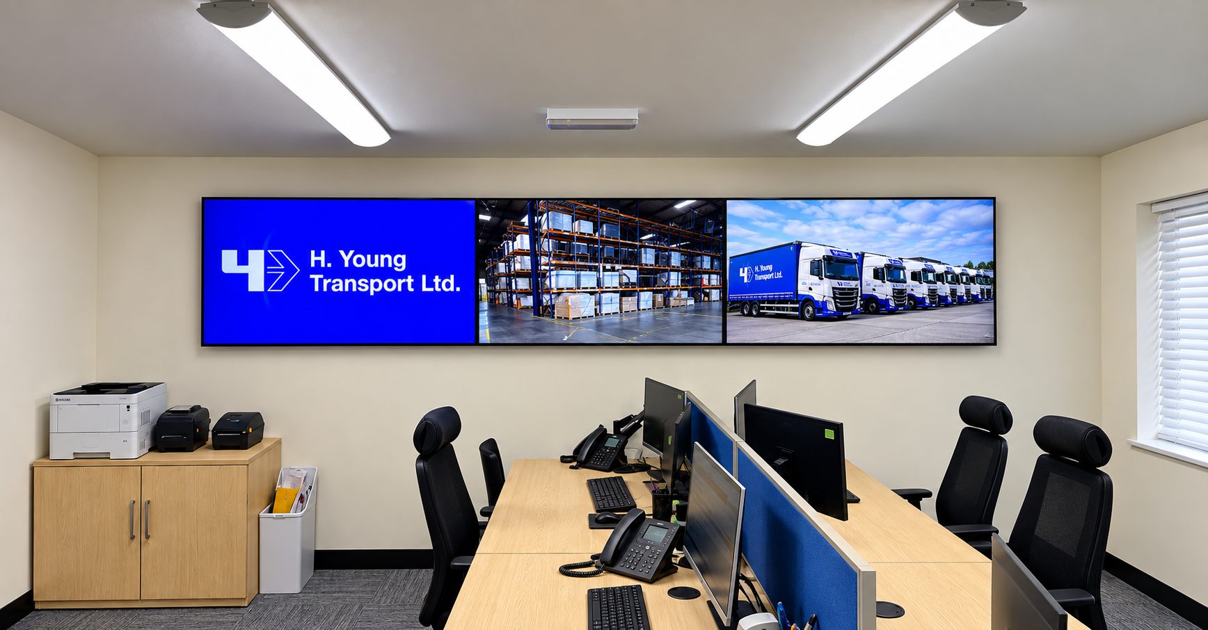 Office monitoring room with a three-panel wall display showing H. Young Transport branding, warehouse shelves, and blue-truck fleet set against beige walls.