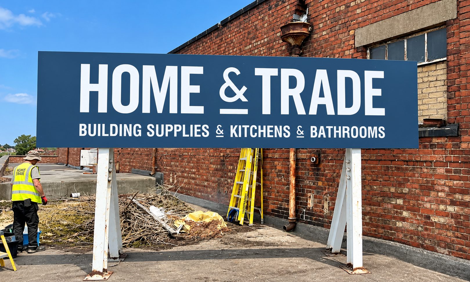 Blue sign says 'HOME & TRADE' with subtitle 'BUILDING SUPPLIES & KITCHENS & BATHROOMS' at a brick building site; a worker in a high-vis vest stands nearby.