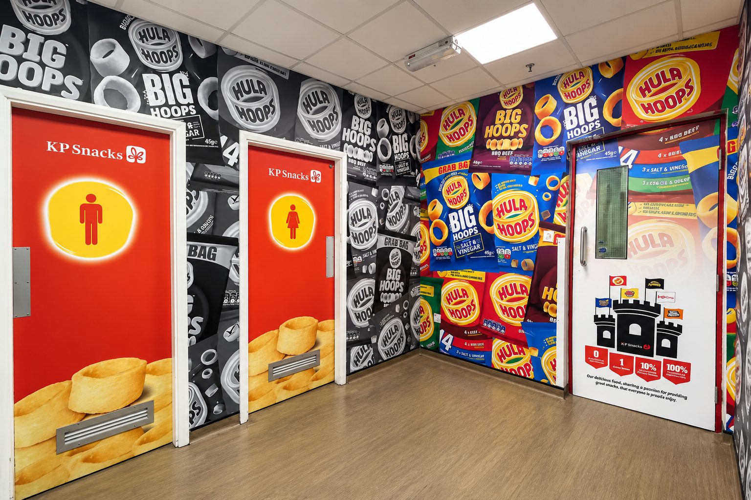 Corridor with two red KP Snacks doors showing male and female icons, surrounded by black-and-white and colorful snack-wall graphics.