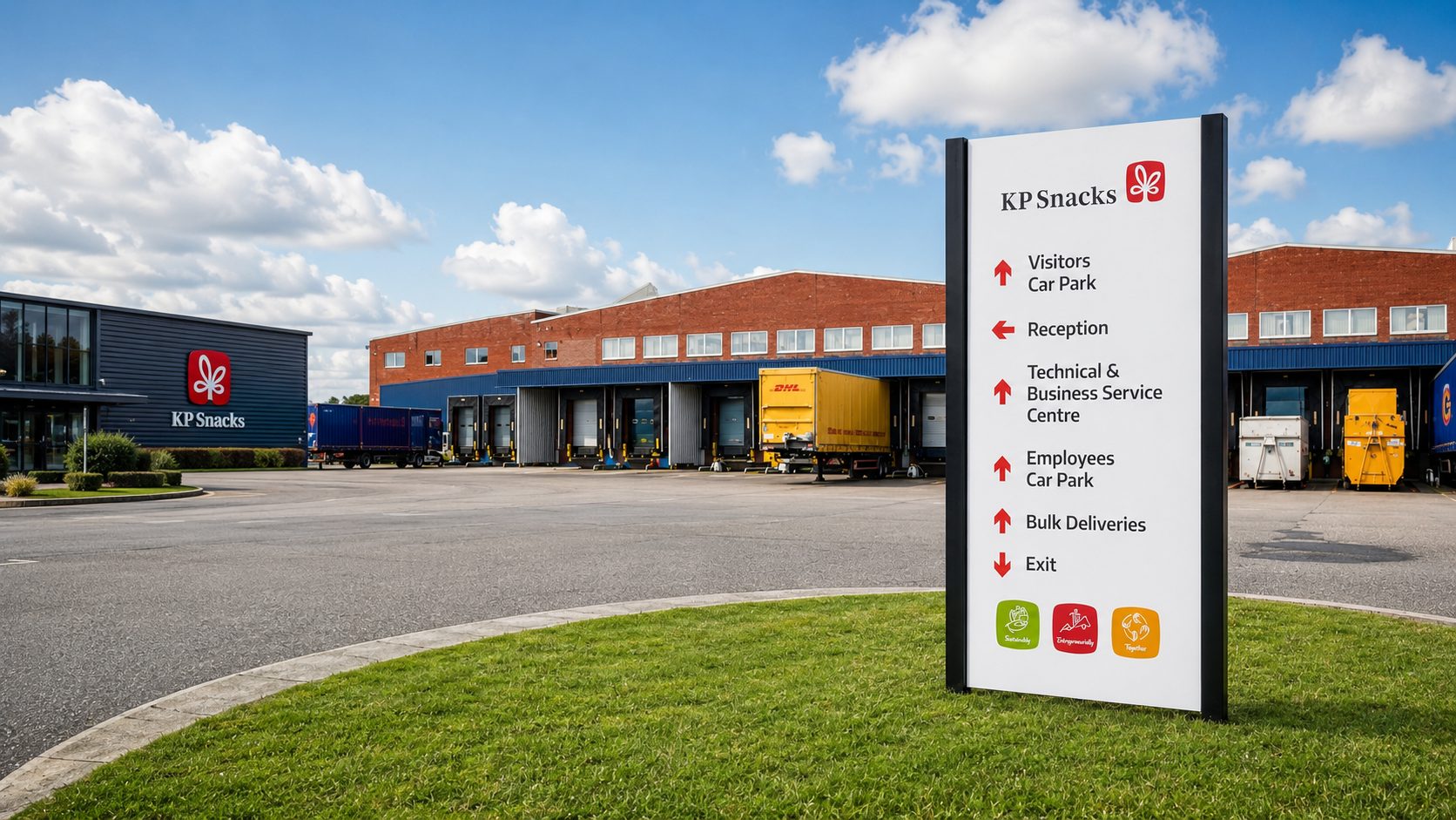 KP Snacks distribution center with a tall white sign listing directions to car parks, reception, and deliveries; loading bays and blue warehouse in the background.