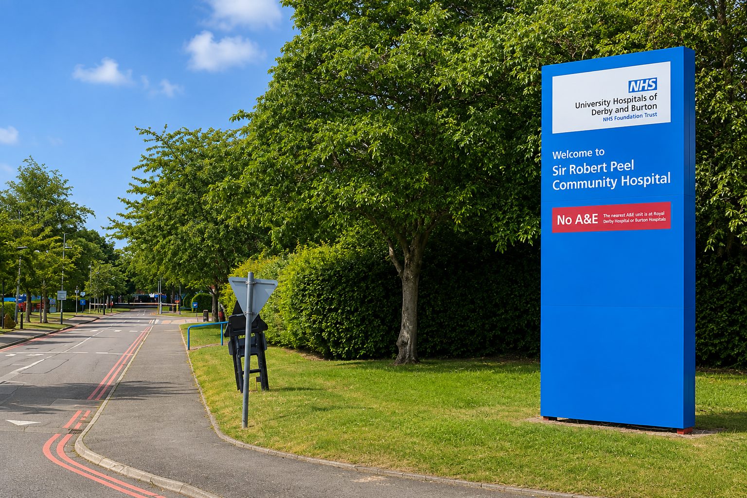 Blue NHS sign reading 'Welcome to Sir Robert Peel Community Hospital' beside a row of trees on a campus road. No A&E banner visible.