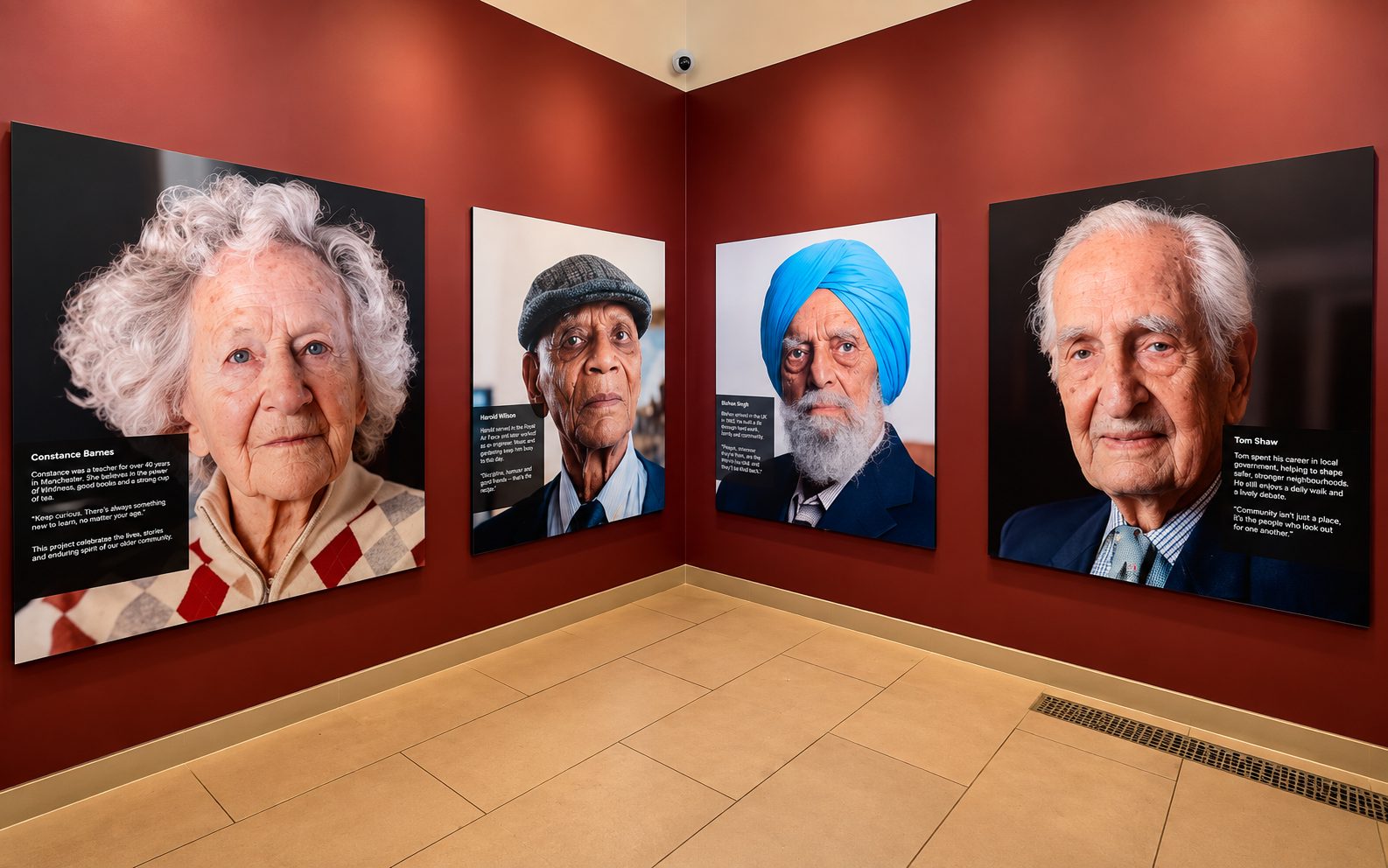 Four large portraits of elderly people on red gallery walls, each with a caption plaque at the bottom. The corner of the room shows beige tiled floor.