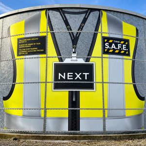 Large cylindrical storage tank painted with a high-visibility safety vest design and a 'NEXT' sign on a stand in front of it.