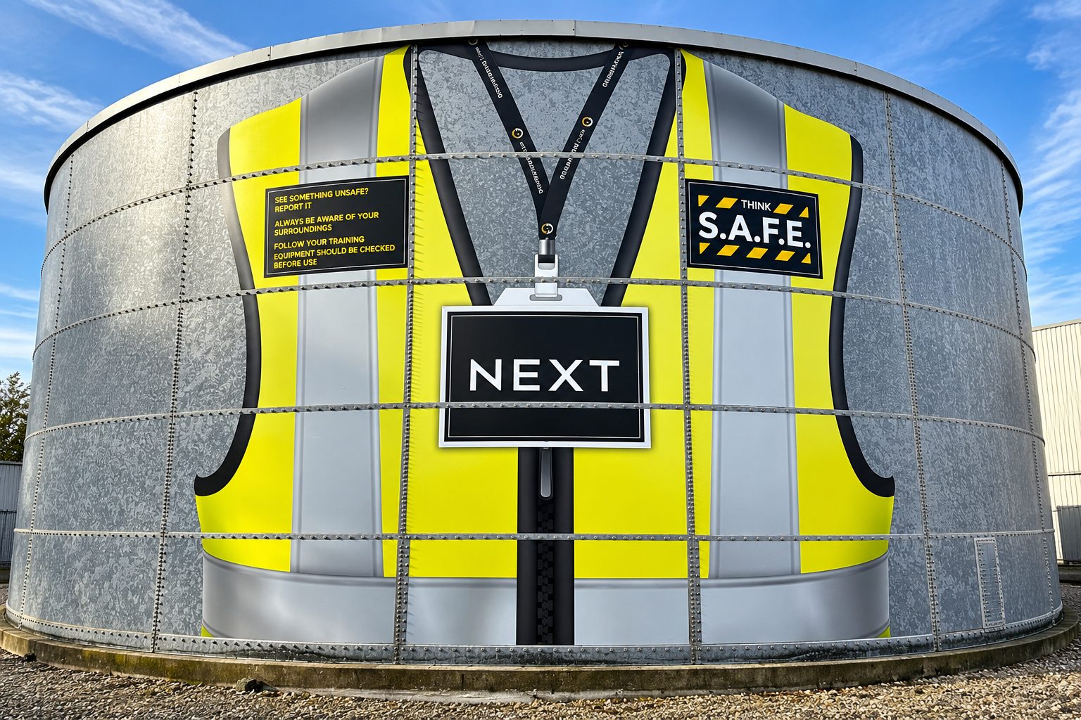 Large cylindrical storage tank painted with a high-visibility safety vest design and a 'NEXT' sign on a stand in front of it.