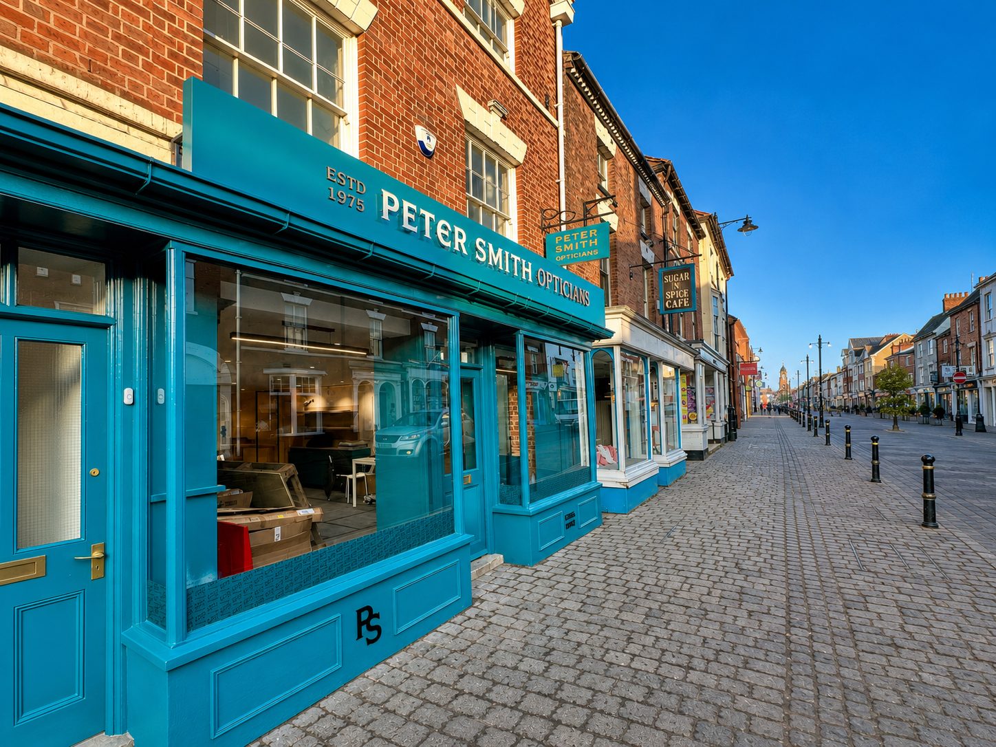 Turquoise storefront of an optician shop on a sunny day, reflecting nearby