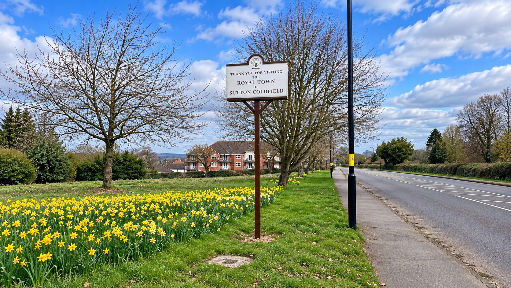 Sign thanking visitors to the Royal Town of Sutton Coldfield, with daffodils, trees, and a road to the right under a blue sky.