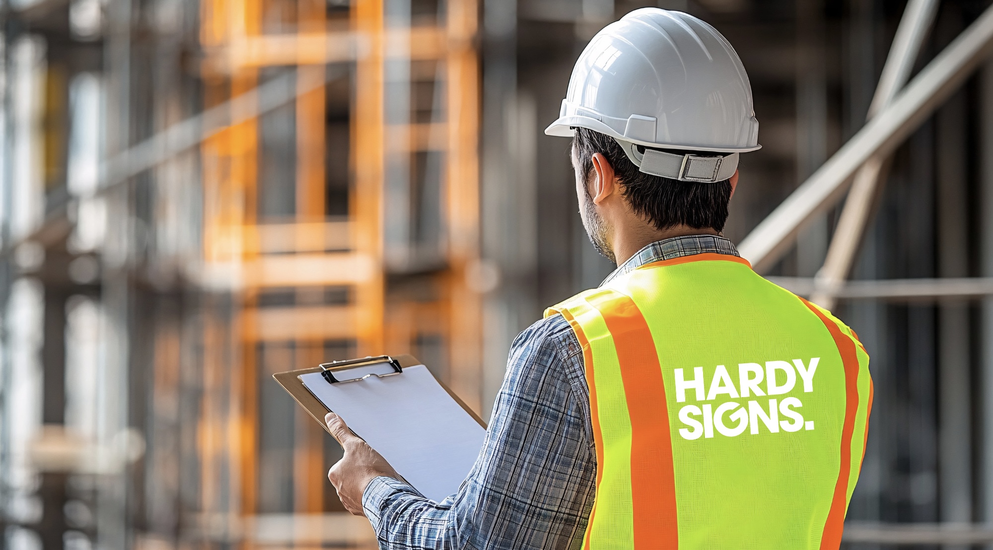 A construction worker in a hard hat and 