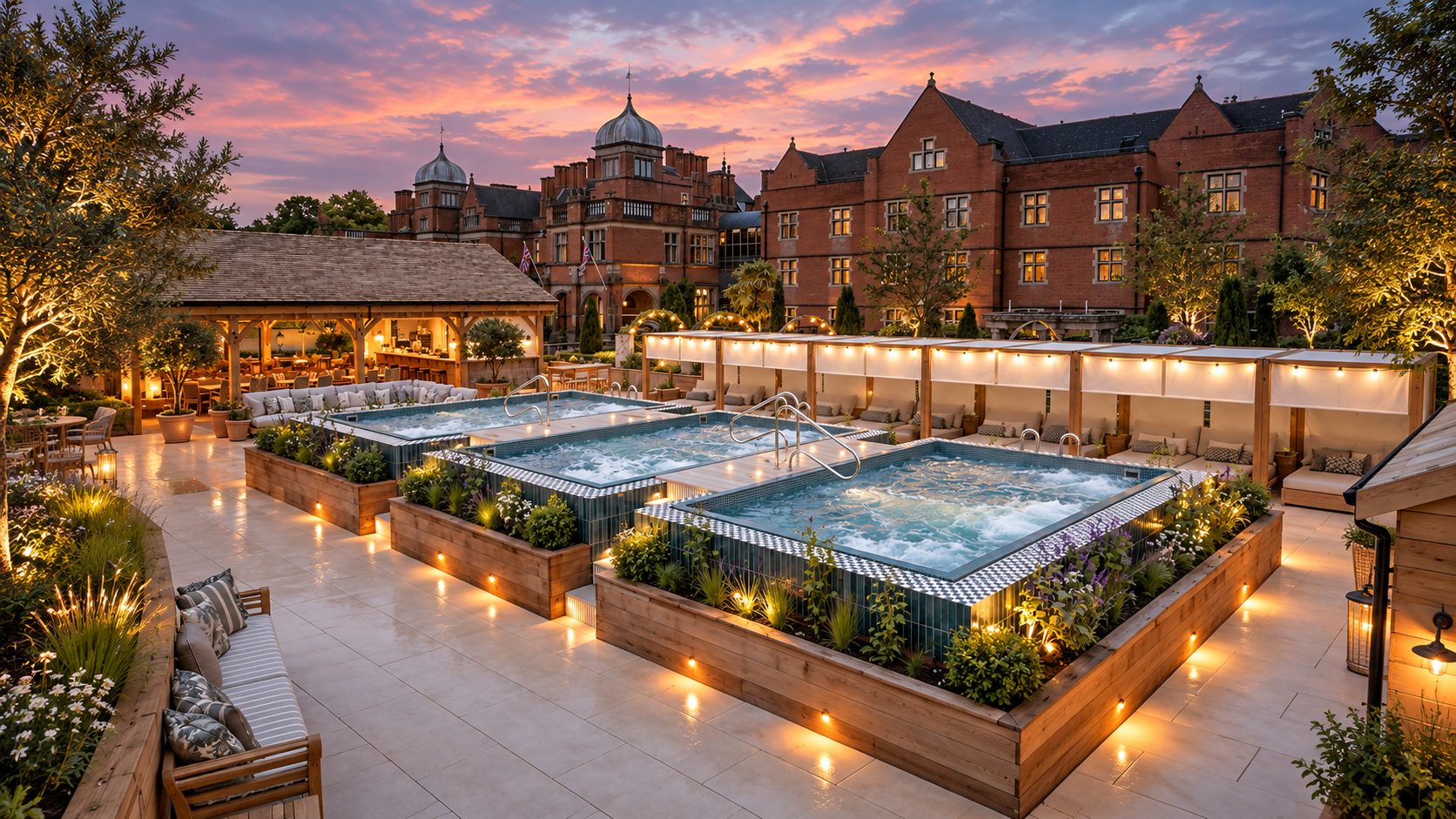 Luxurious hotel courtyard at dusk with three illuminated hot tubs surrounded by wooden planters and lounge seating on a tiled patio.
