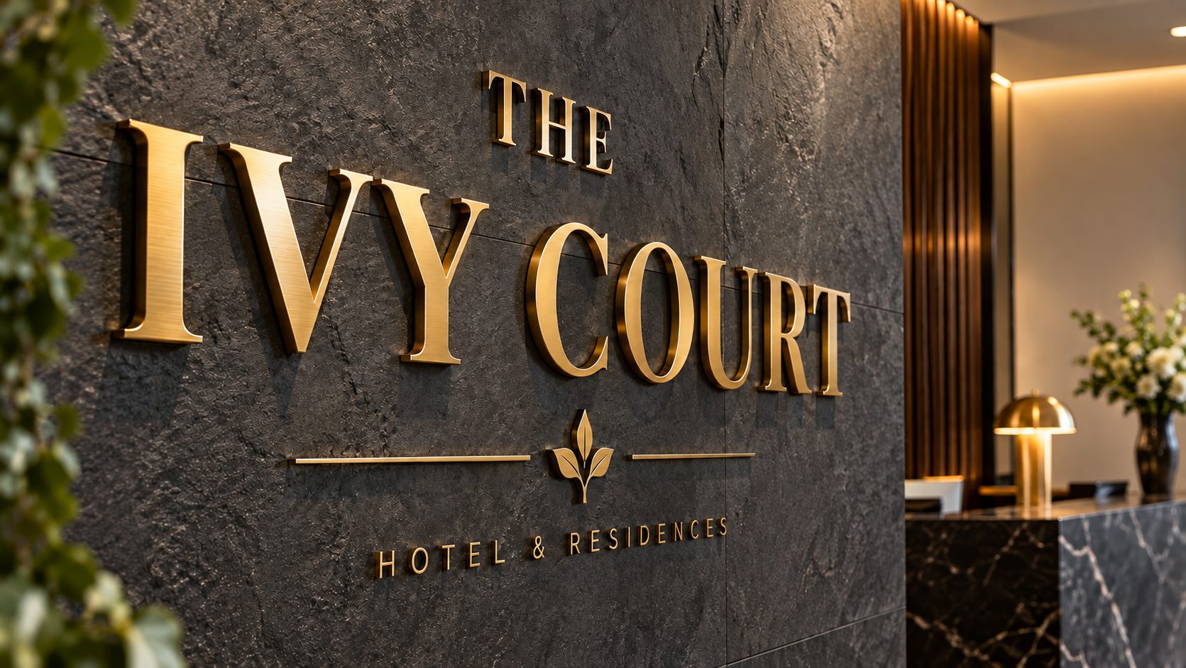 Gold sign reading 'THE IVY COURT' on a dark textured wall in a hotel lobby with a reception desk to the right.