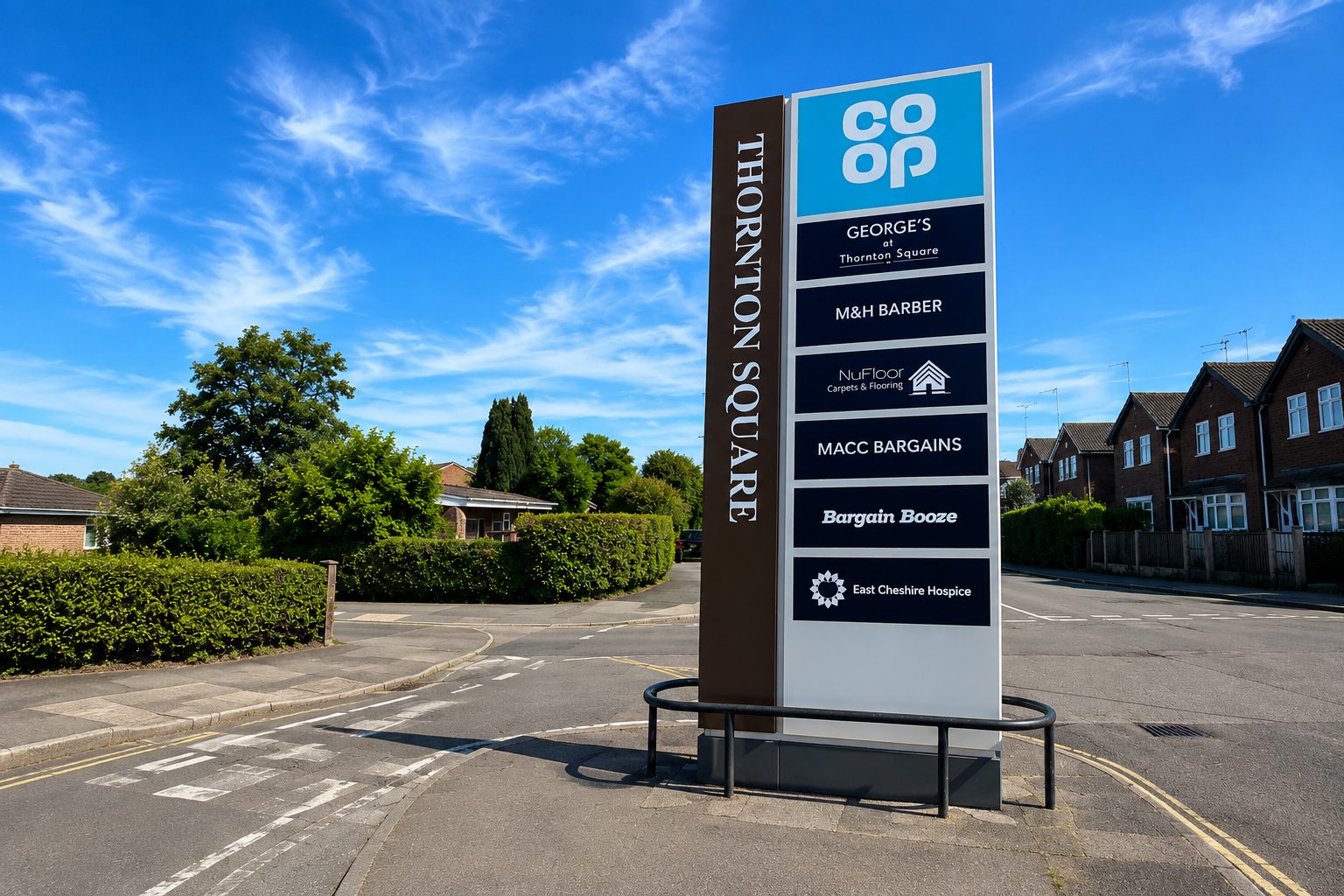 Tall vertical Thornton Square signboard listing shops (George's, M&H Barber, NuFloor, MACC Bargains, Bargain Booze) with a blue sky and nearby houses in the background.
