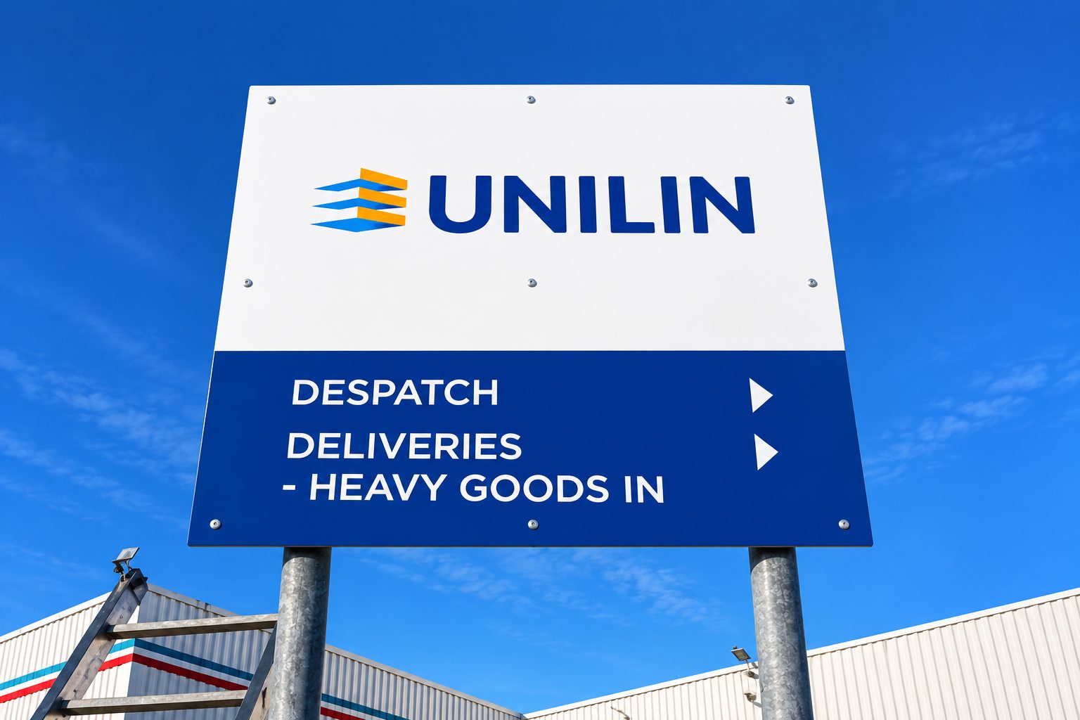 Outdoor sign with UNILIN logo and blue lower panel listing despatch, deliveries, heavy goods in a warehouse area under a clear blue sky