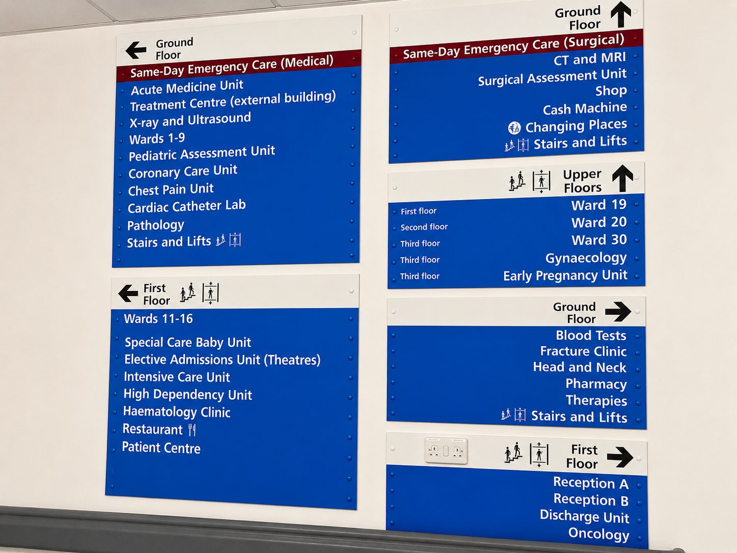 Hospital directory signs on a white wall showing blue panels with floor and department listings and arrows (Ground Floor, First Floor, Upper Floors).