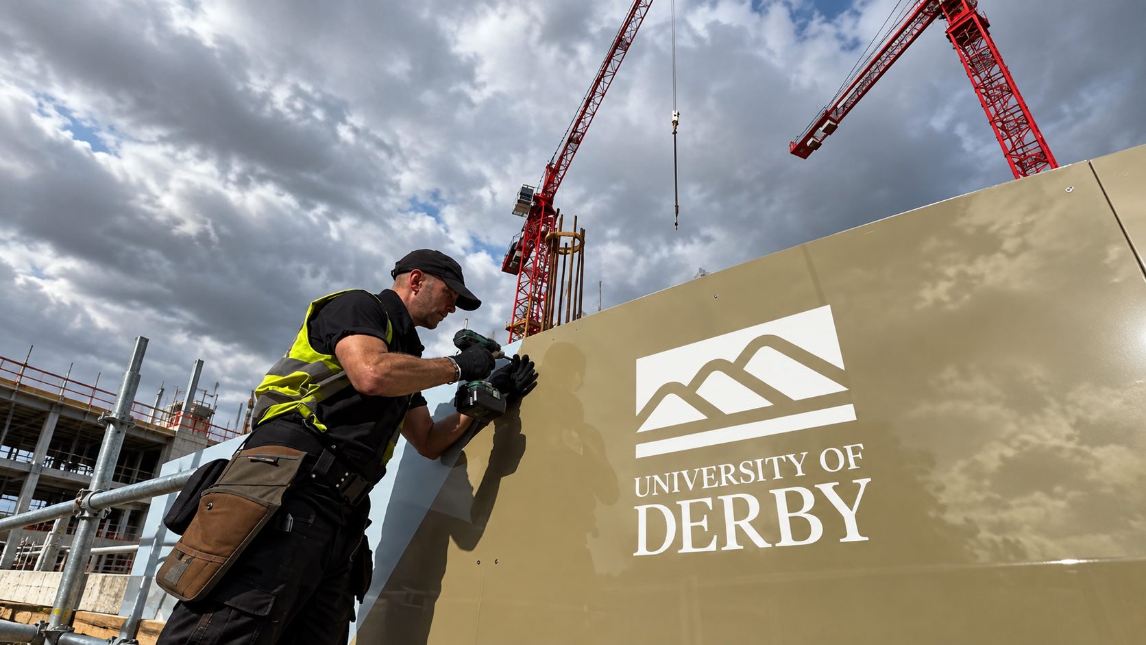 Construction worker in a high-visibility vest drills a large beige panel bearing the University of Derby logo at a crane-filled construction site.