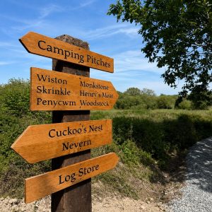 Wooden post with several directional signs in a meadow, reading 'Camping Pitches', 'Cuckoo's Nest', 'Log Store', and more.